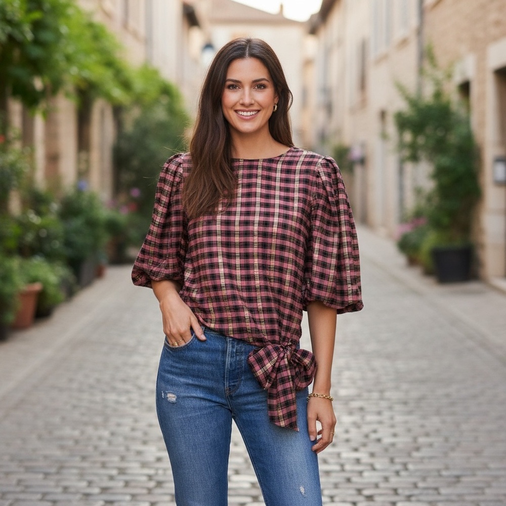 Pucker Plaid Puff Sleeve Top Vince Camuto XL